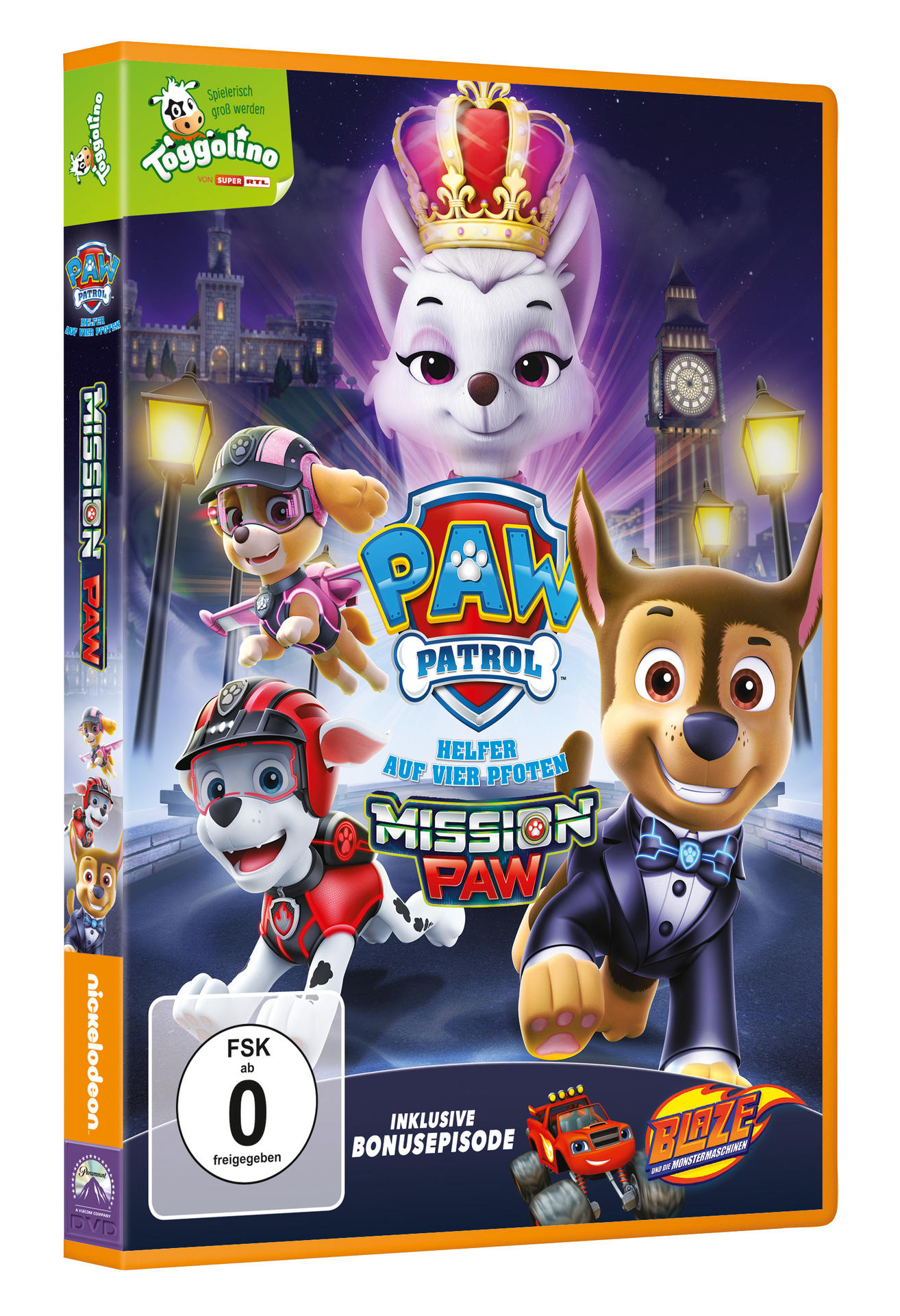 DVD-Cover des PAW Patrol-Films. Bunte Zeichentrickfiguren mit Text.