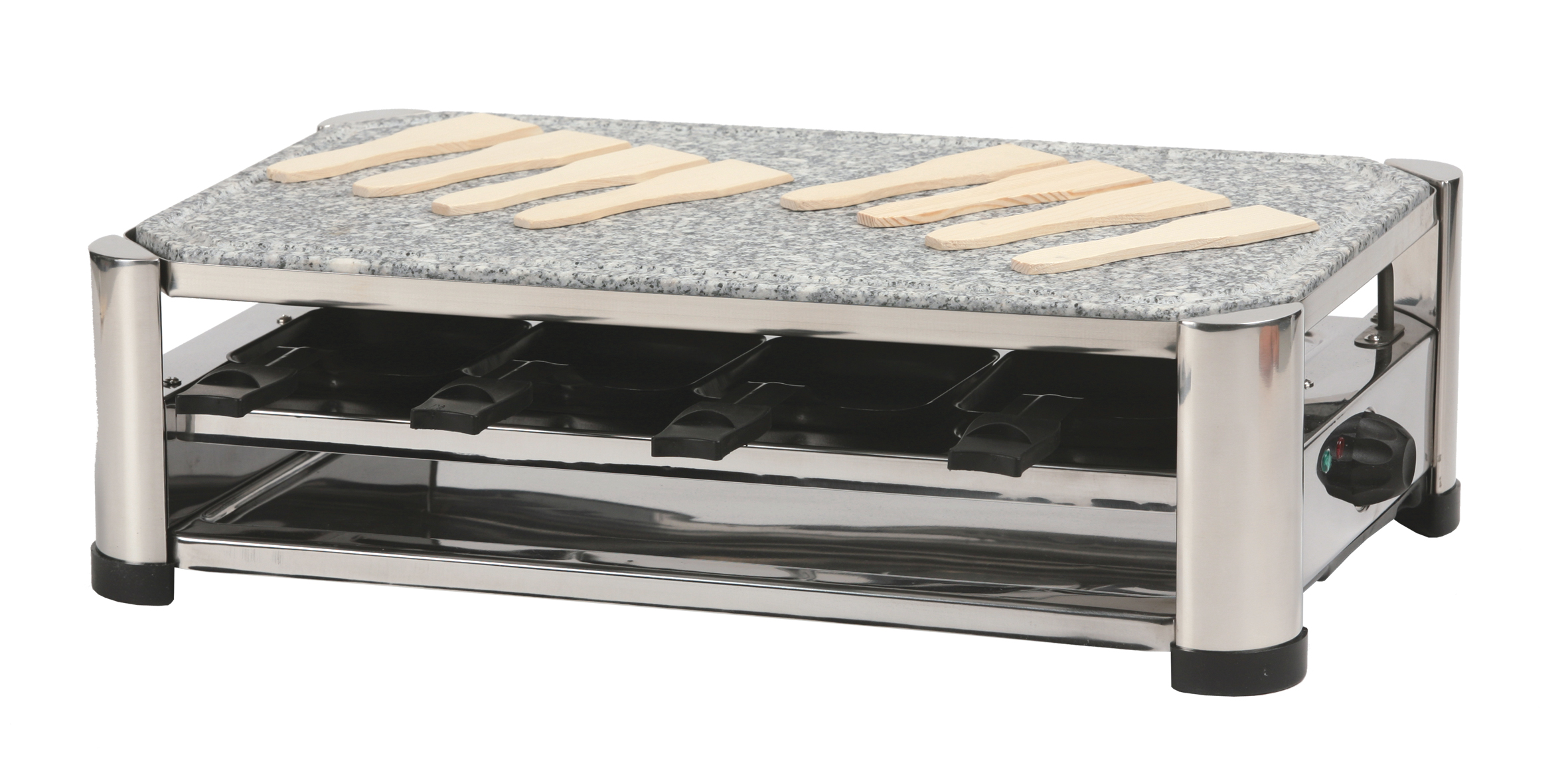 Grill per raclette con piano in granito e spatole in legno. Base in acciaio inox.