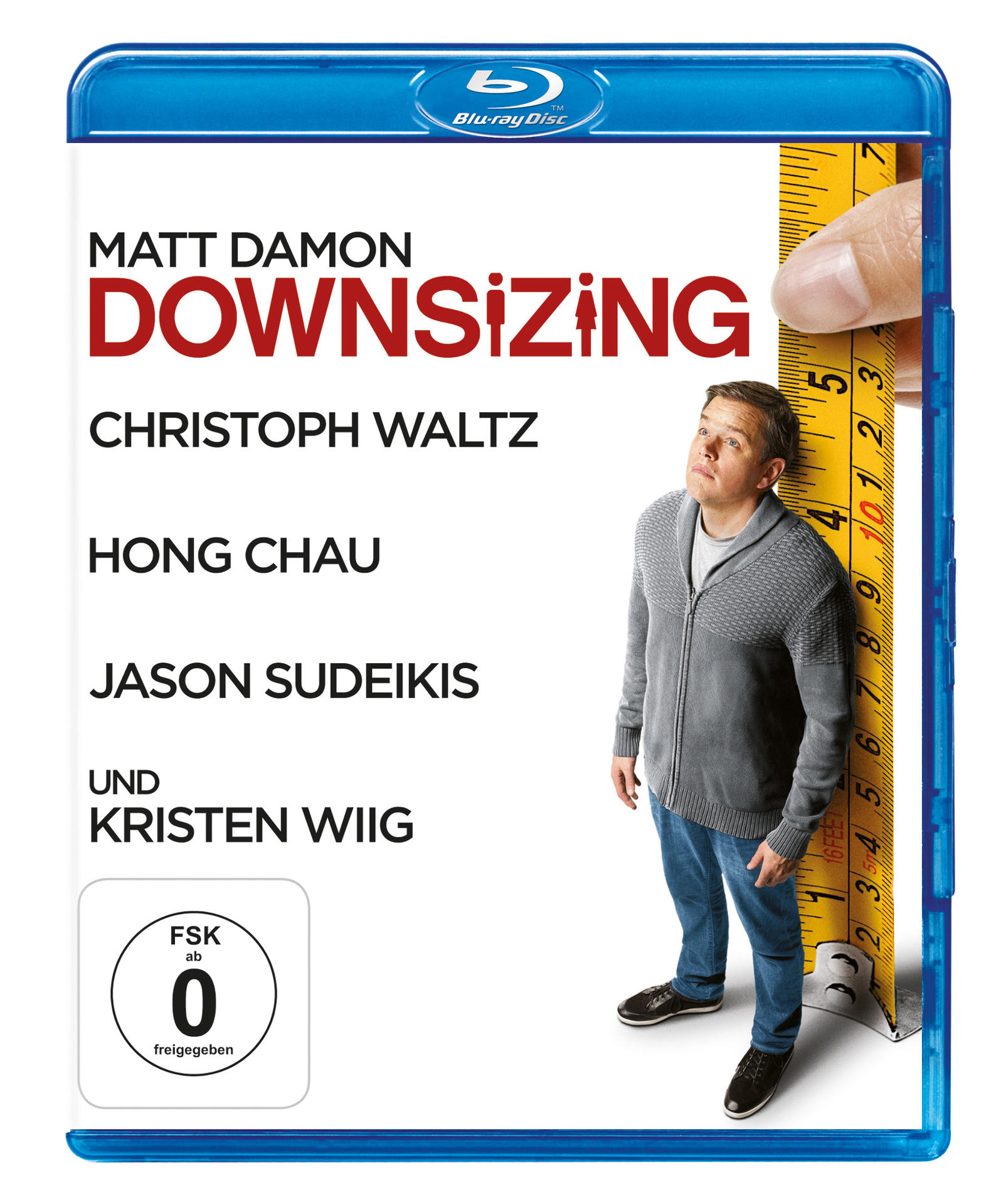 Blu-ray-Disc-Cover für den Film 'Downsizing' mit Matt Damon. Es zeigt einen Mann neben einem Lineal.