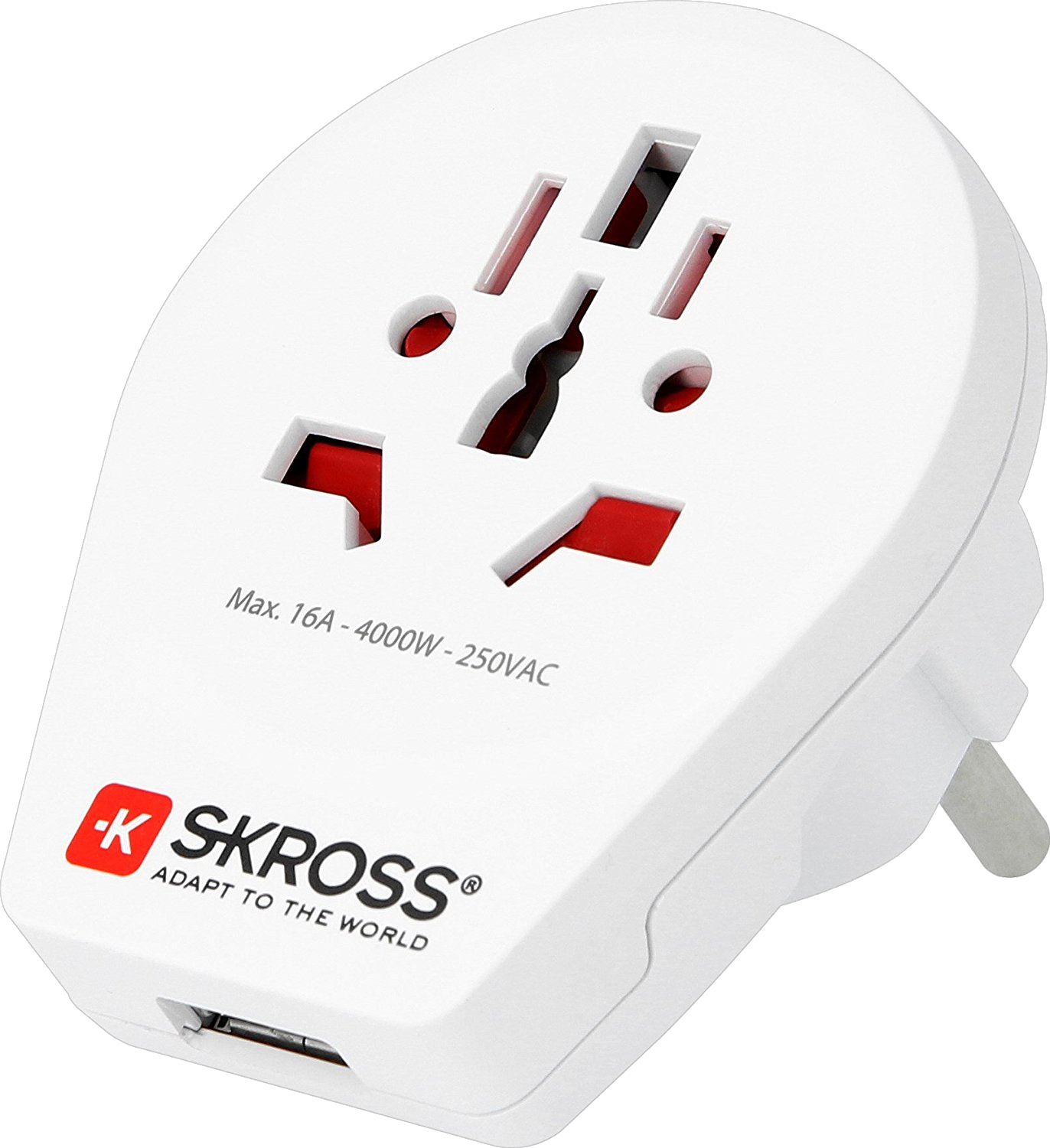 Fehér utazóadapter piros és fekete portokkal és USB porttal, 'SKROSS' felirattal.