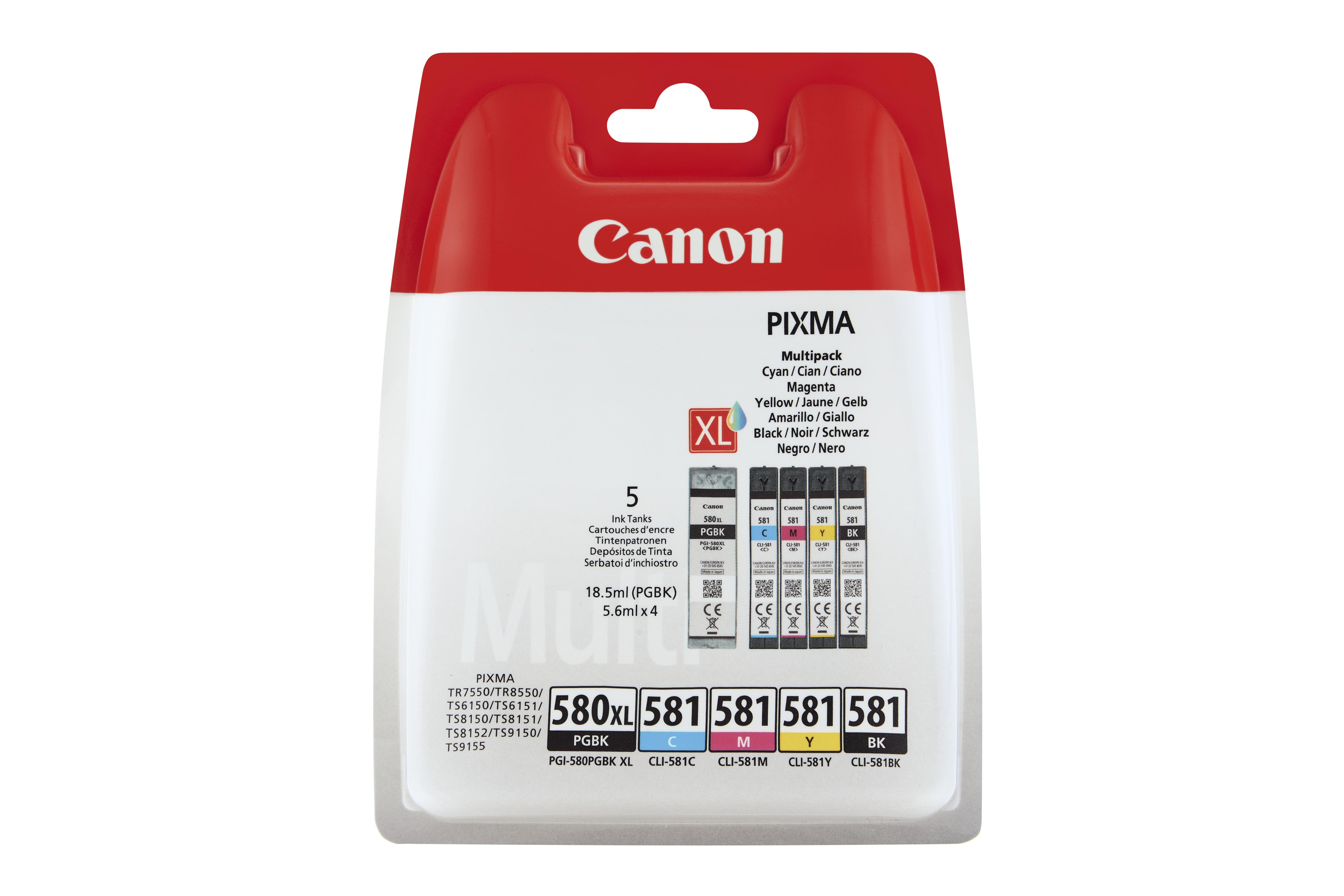 Canon Pixma XL inktcartridge verpakking, meerkleurige cartridges zichtbaar.