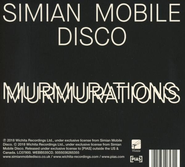Dos de la pochette de CD, album 'Murmurations' de Simian Mobile Disco, texte et logo.
