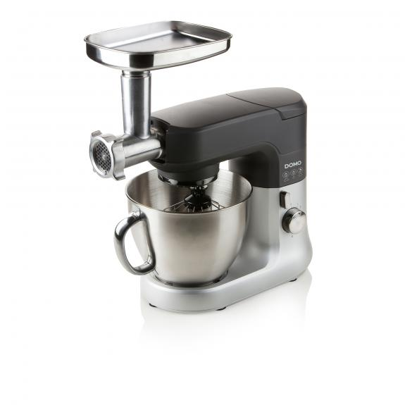 A silver and black food processor with attachments, bowl, and meat grinder.