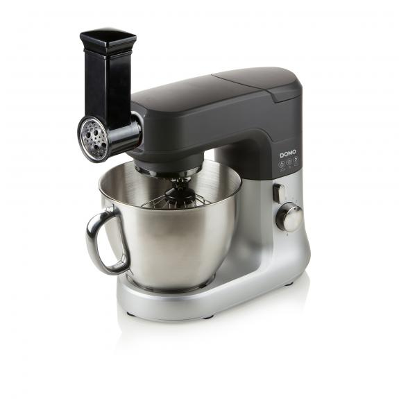 Silver and black kitchen mixer with a grinder attachment. The mixer is on a white background.