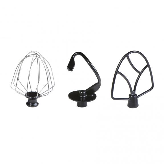 Three black mixer attachments: whisk, hook, and beater.
