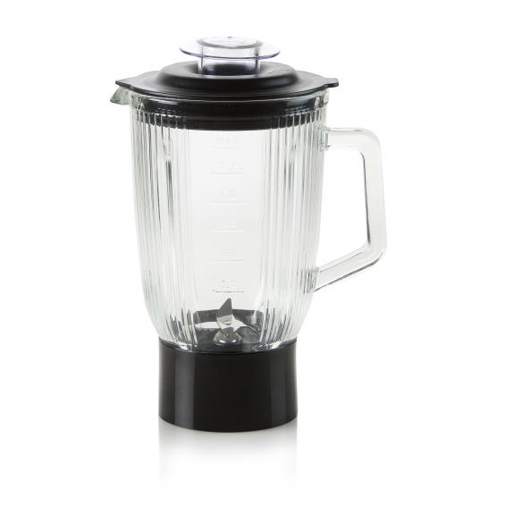 A transparent glass blender jar with a black base. The jar has measurements on the side.
