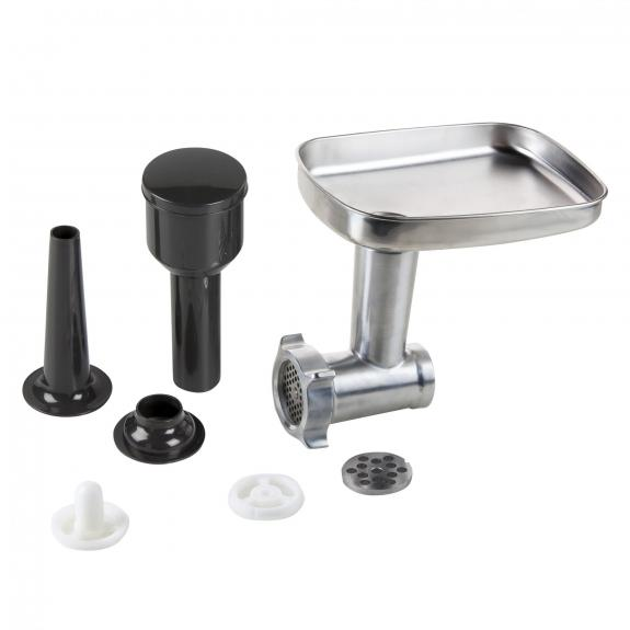 Meat grinder parts: body, tray, auger, grinding plates, and sausage stuffer attachments, all on white.