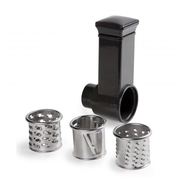 Grater with three different grating attachments. All parts are silver and black.