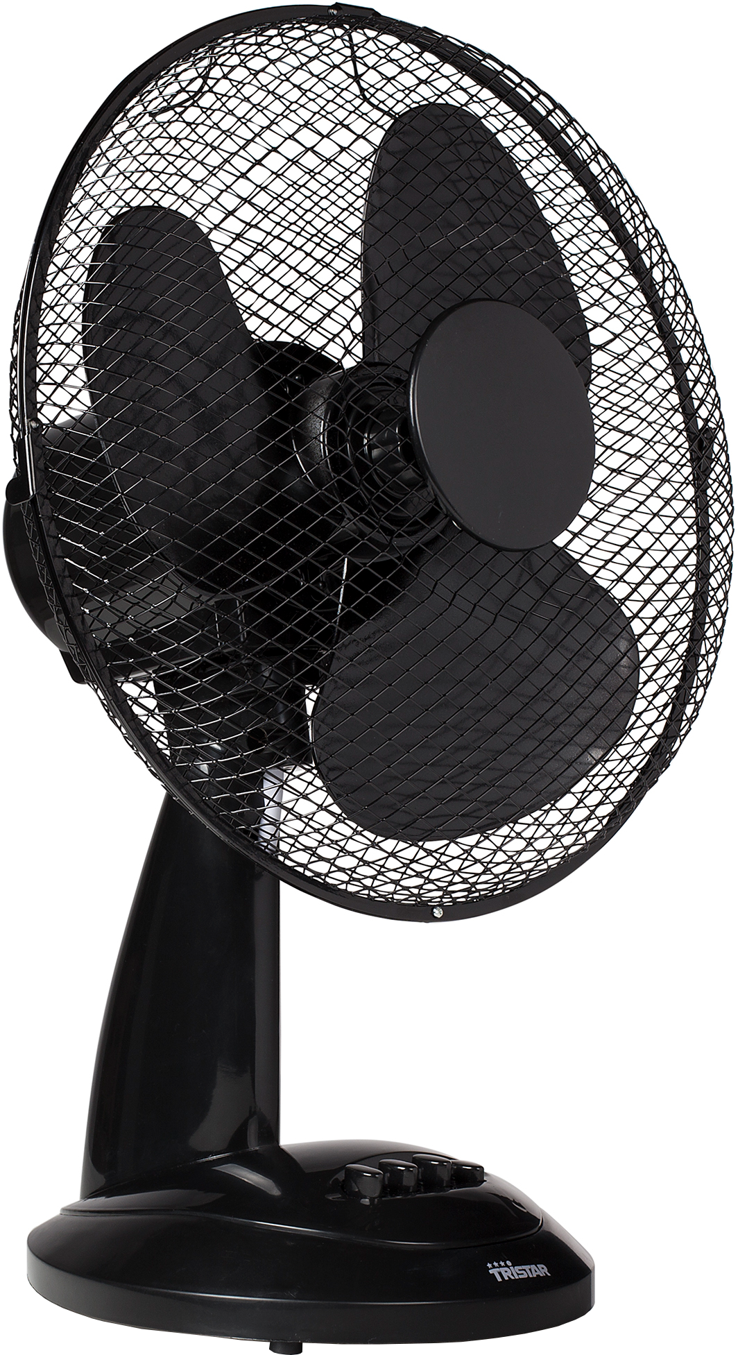 Ventilateur électrique noir avec trois pales sur fond noir.