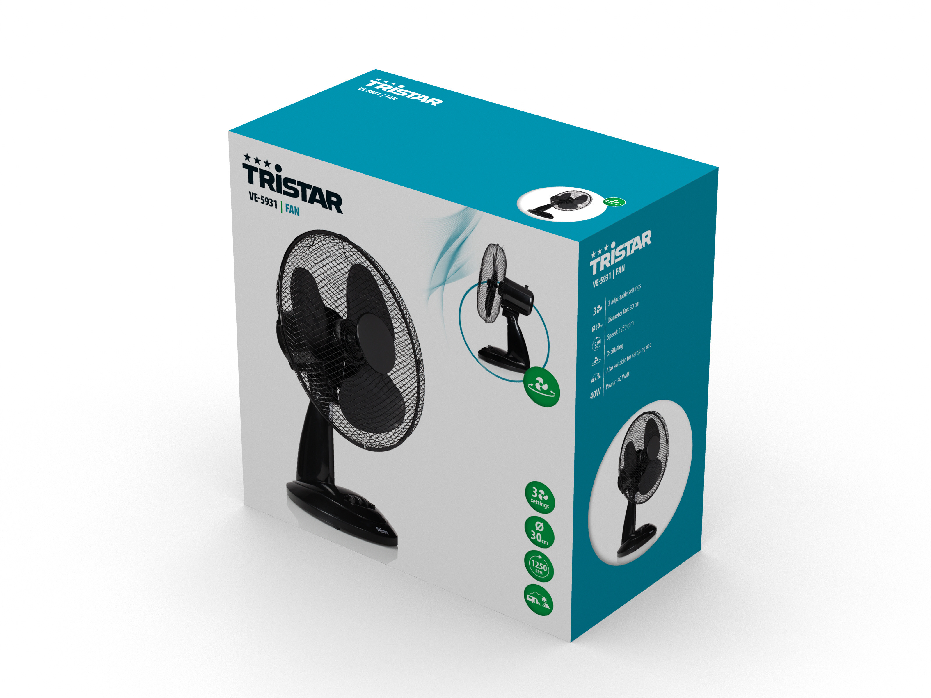 Boîte d'un ventilateur Tristar. La boîte est turquoise et blanche, avec des images du ventilateur.