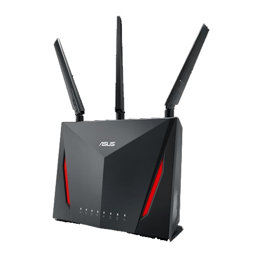 A black ASUS router with three antennas, red accents, angled view. White background.