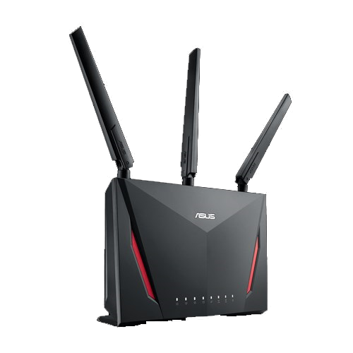 A black ASUS router with three antennas, red accents, and indicator lights.