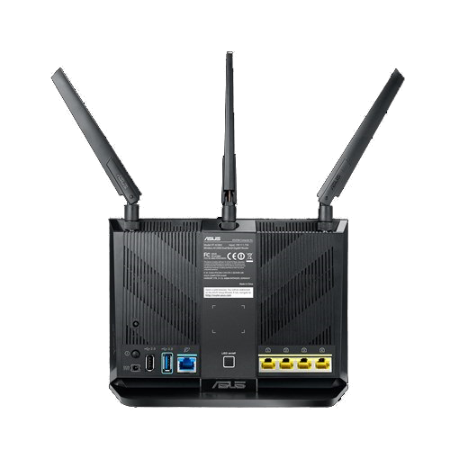 Black router with three antennas. Rear view shows ports and labels. ASUS logo is visible.
