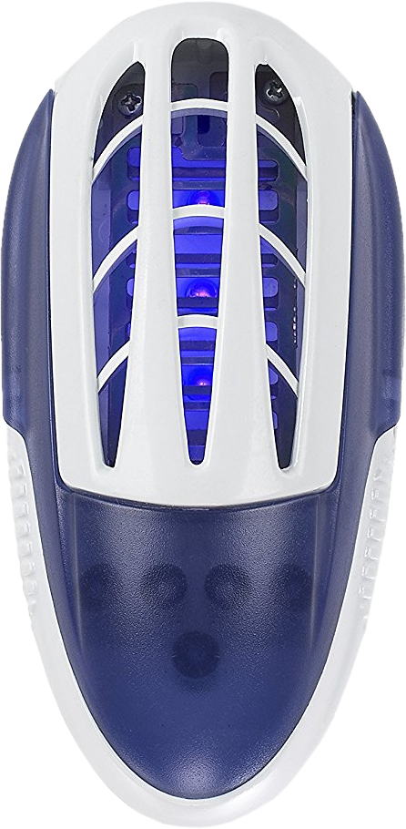 Insect killer with blue UV light. White and blue plastic casing with vertical slits.  Top-down view.