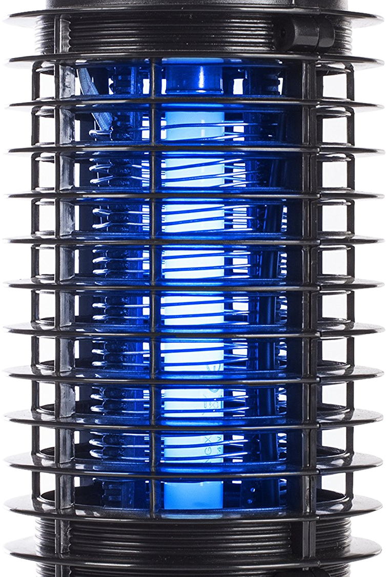 A cylindrical bug zapper with a blue light inside and a black protective cage.