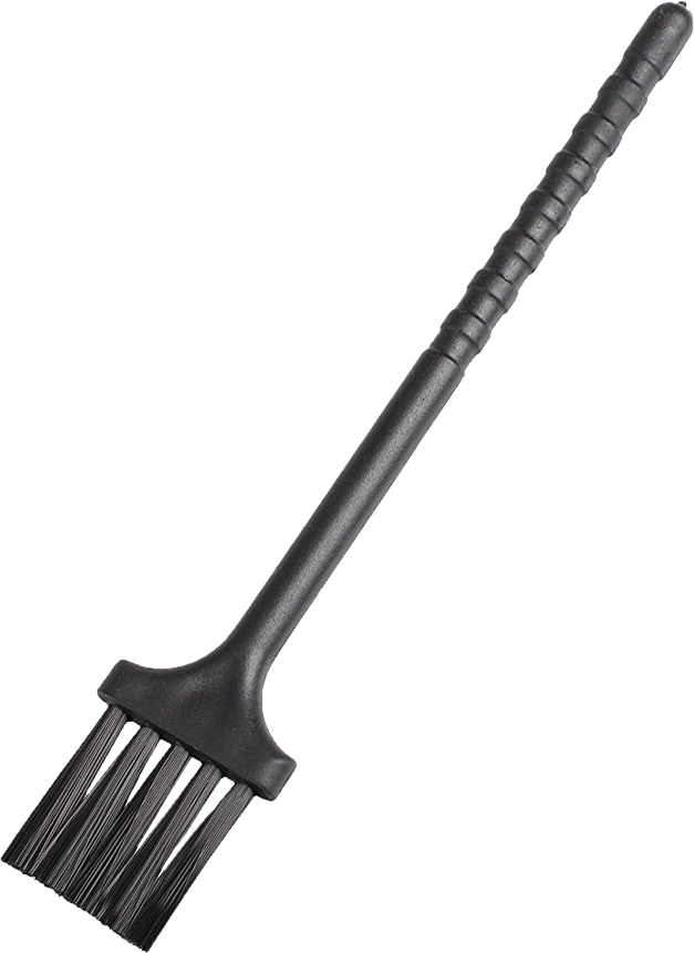 A black brush with a long handle, and bristles, on a black background.