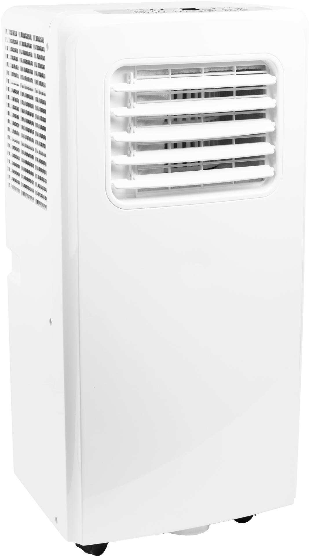 Witte draagbare airconditioner. Het heeft een rechthoekige vorm met een ventilatieopening en een bedieningspaneel.