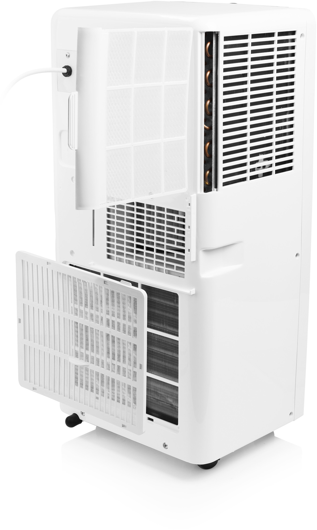 Achteraanzicht van een witte airconditioner met open filtercompartimenten en een wit netsnoer.