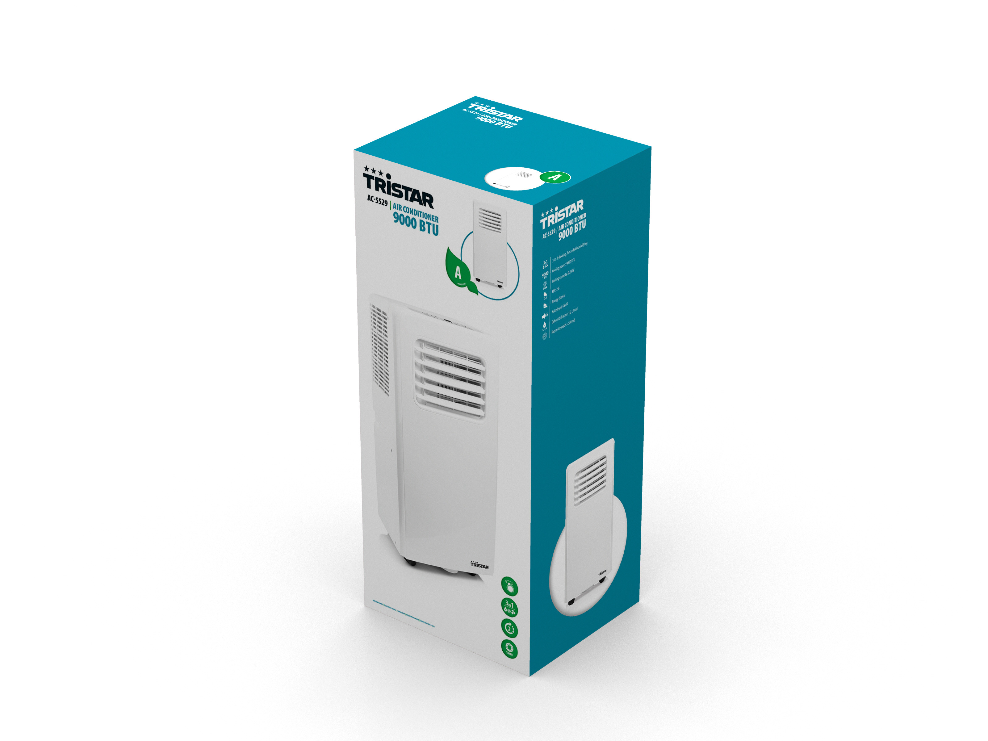 Een witte airconditionerdoos met het merk Tristar. Heeft een afbeelding van het product en zijn kenmerken.