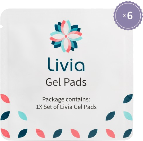 Livia gel pads verpakking, wit met tekst en een bloem ontwerp.