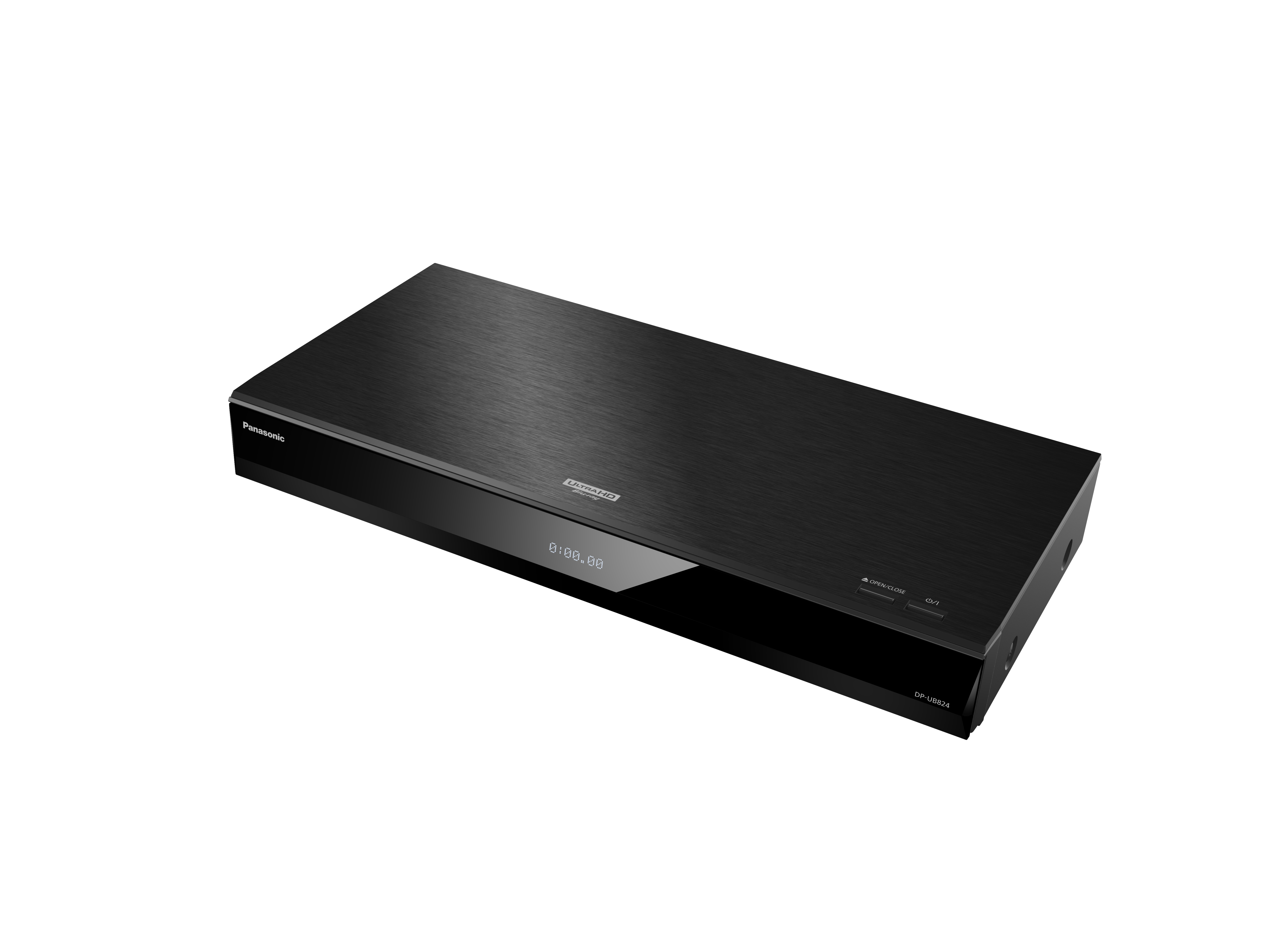 Lettore Blu-ray Panasonic nero su sfondo bianco, che mostra un display.