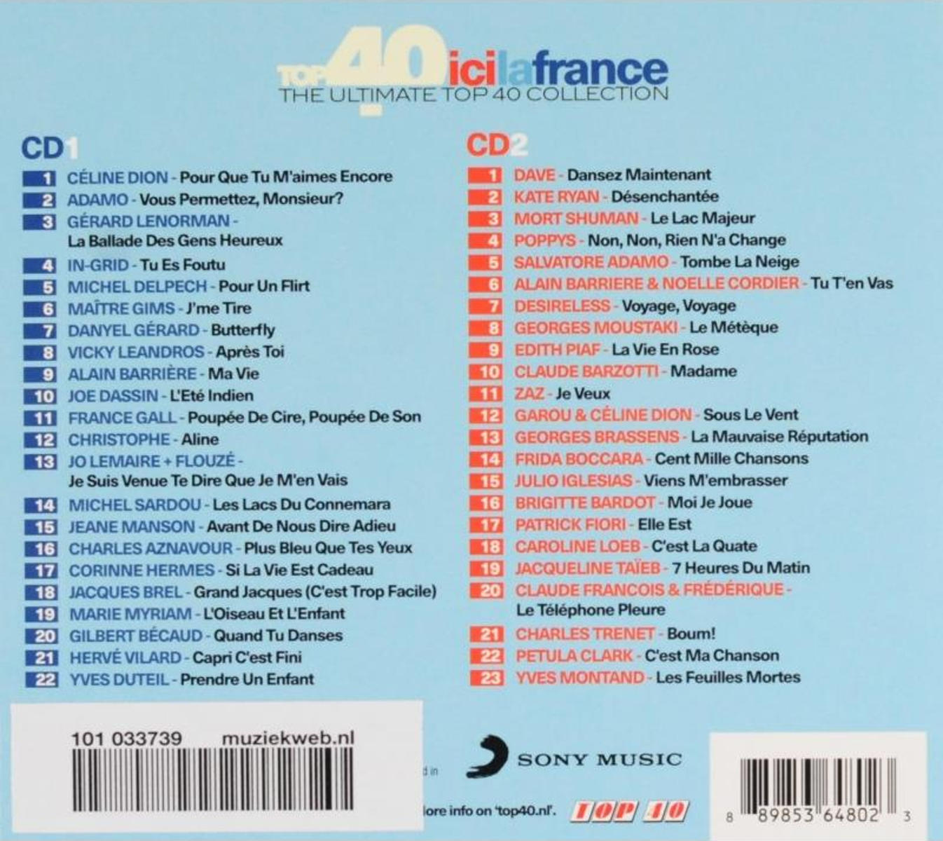 Une pochette de CD avec une liste des titres, un logo et du texte en français et le logo Sony Music.
