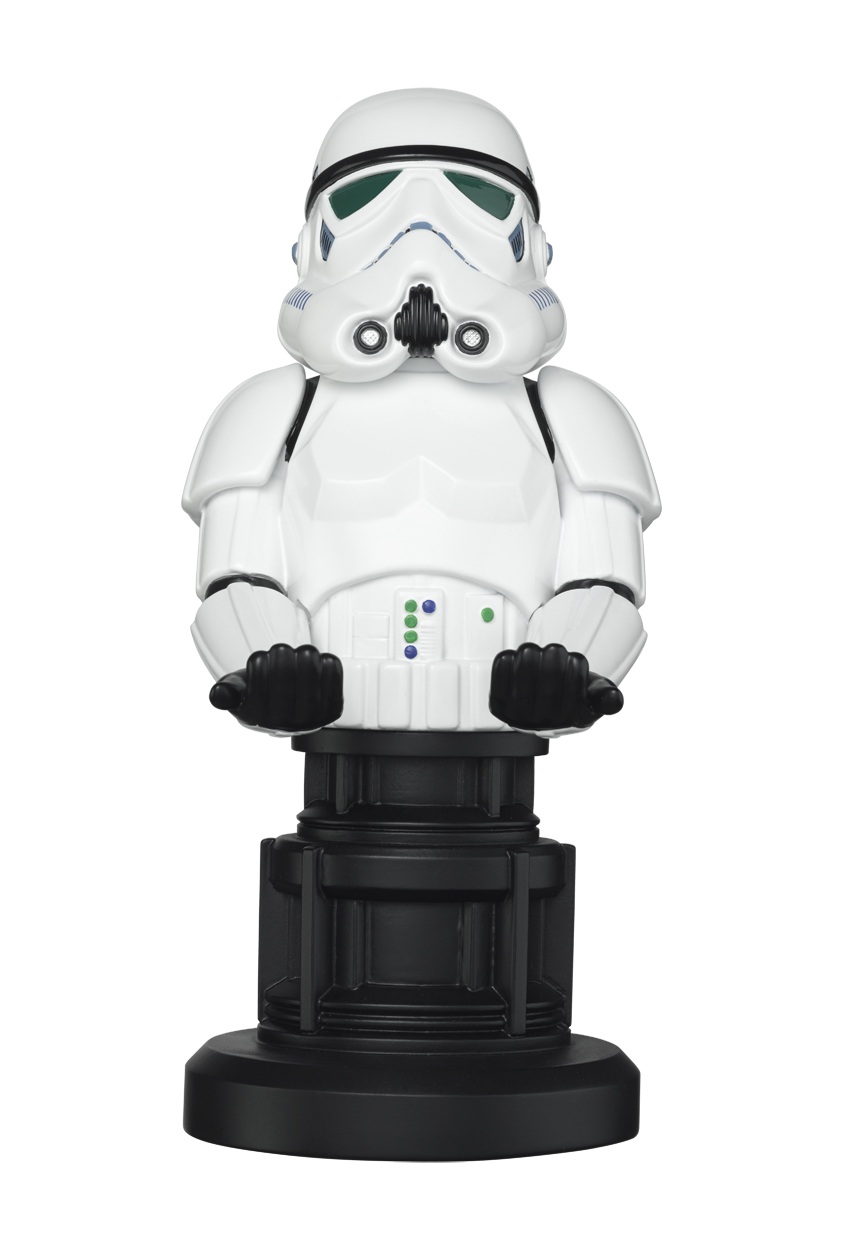 Eine Star Wars Stormtrooper-Figur auf schwarzer Basis. Weiße Rüstung, schwarze Details.