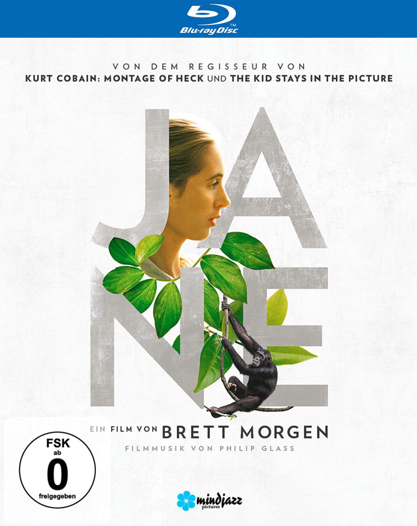 Blu-ray-Cover für den Film 'Jane'. Eine Frau im Hintergrund mit einem Affen im Vordergrund.