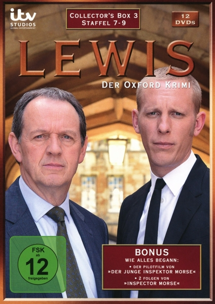 DVD-Cover, Lewis, zwei Männer in Anzügen, Oxford Krimi, 12 DVDs, ITV Studios, Collector's Box, Staffel 7-9, FSK 12.