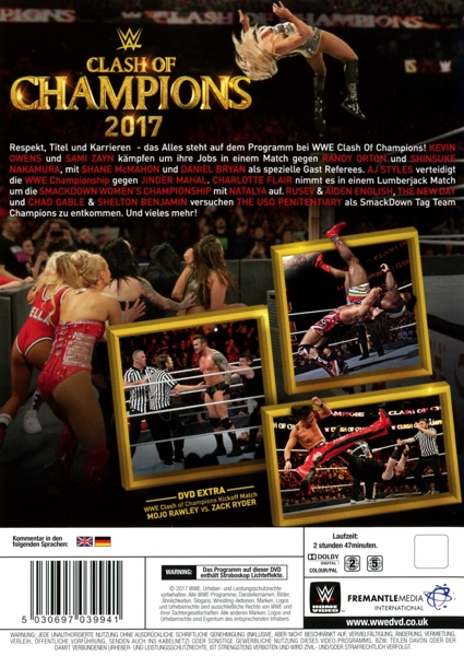 DVD-Hülle, WWE Clash of Champions 2017. Mehrere Wrestler-Bilder, Text in Englisch und Deutsch, auf schwarzem Hintergrund.