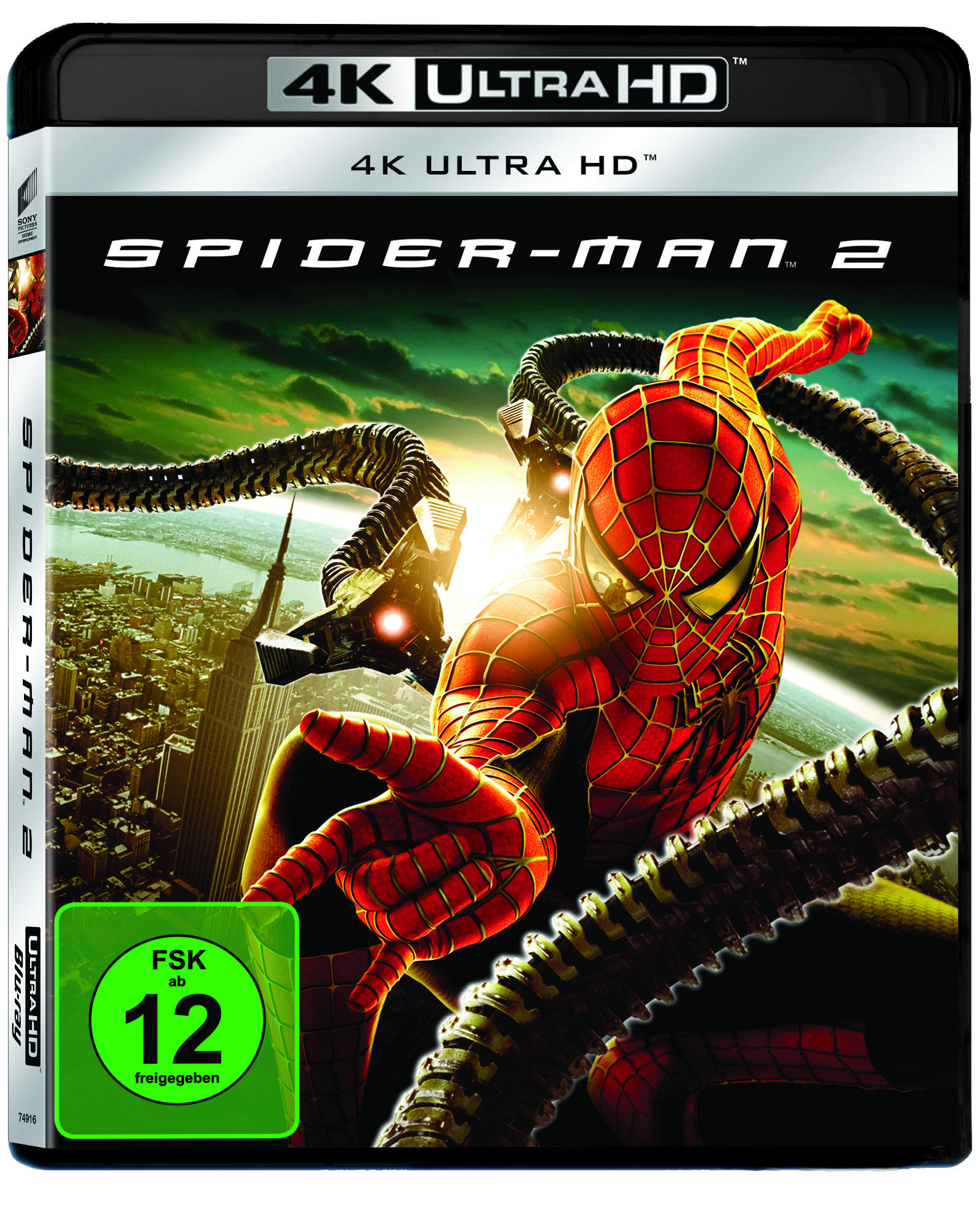 Spider-Man 2 Blu-ray-Cover-Art mit Spider-Man, der in einer Stadt gegen Doctor Octopus kämpft.