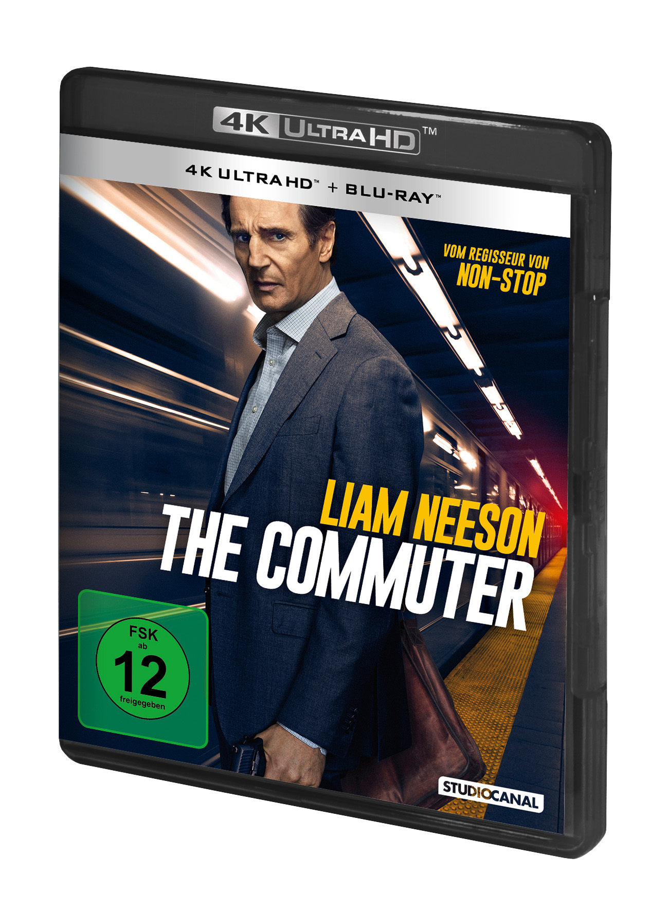 4K Ultra HD Blu-ray-Hülle für The Commuter. Liam Neeson ist auf dem Cover.