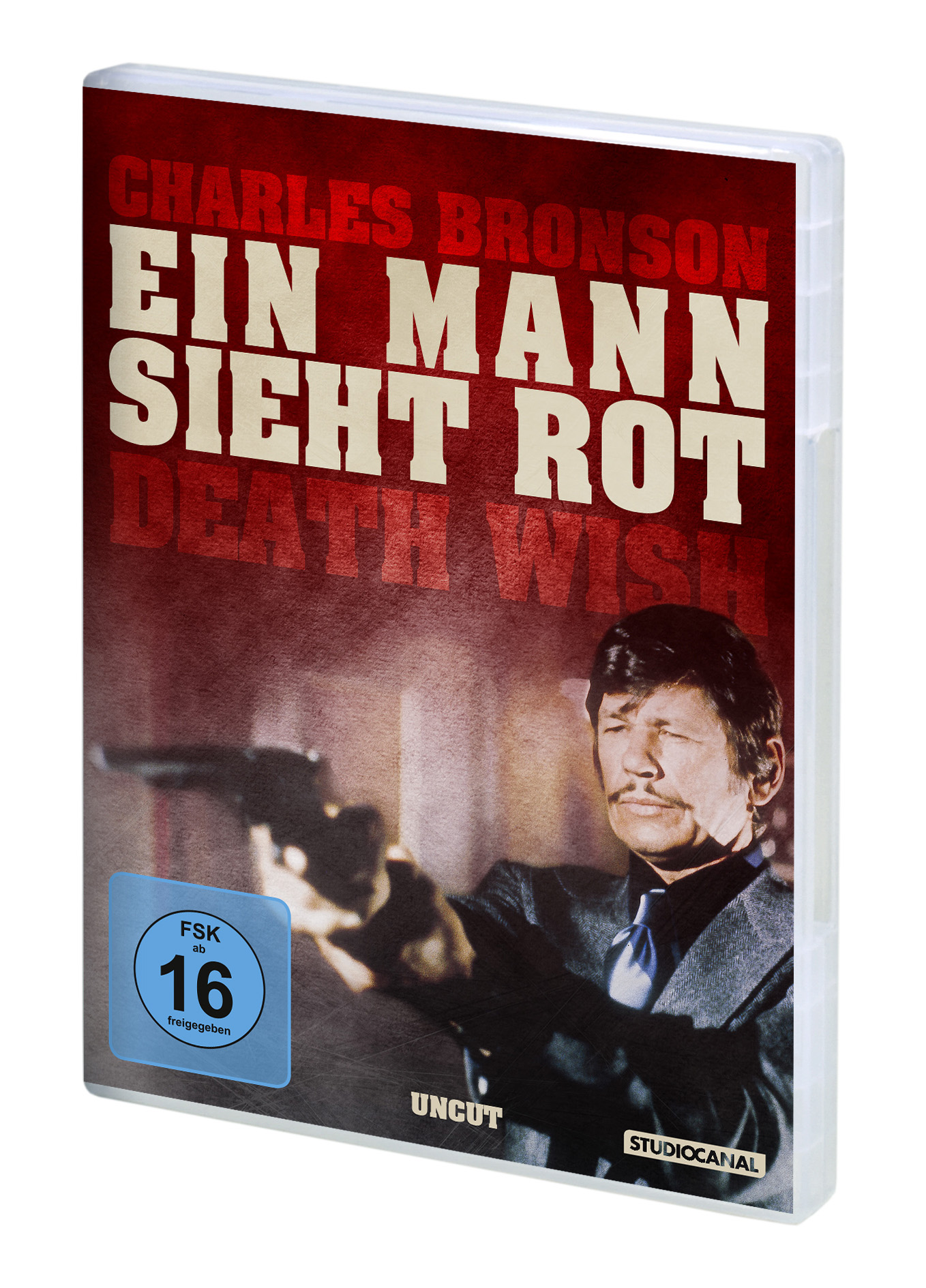 DVD-Hülle. Charles Bronson hält eine Waffe. Text: Ein Mann Sieht Rot. Roter Hintergrund. FSK 16 Aufkleber.