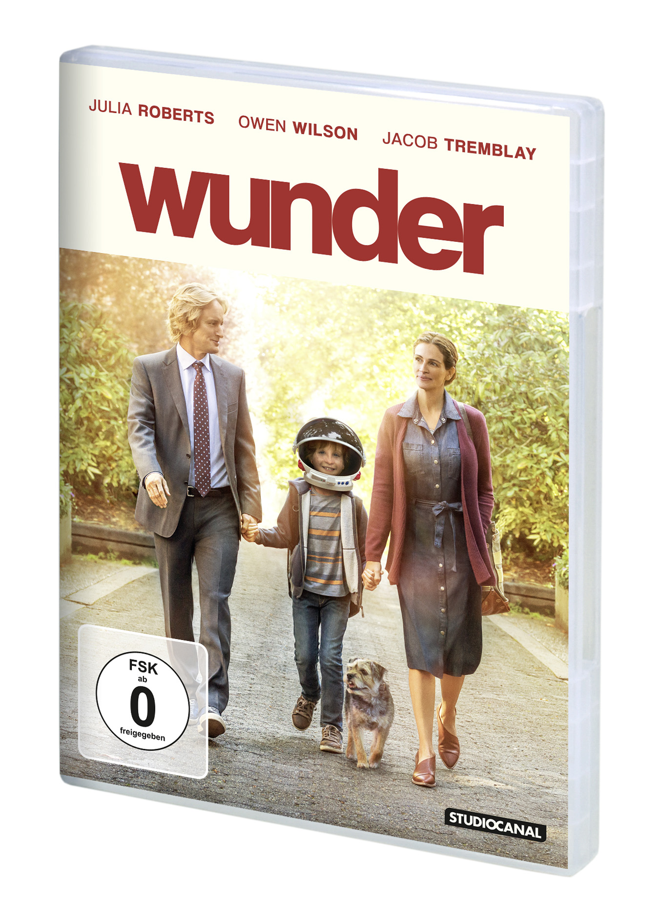 DVD-Cover zeigt eine Familie, die mit einem Hund spazieren geht. Filmtitel: Wunder. Schauspieler: Roberts, Wilson, Tremblay.