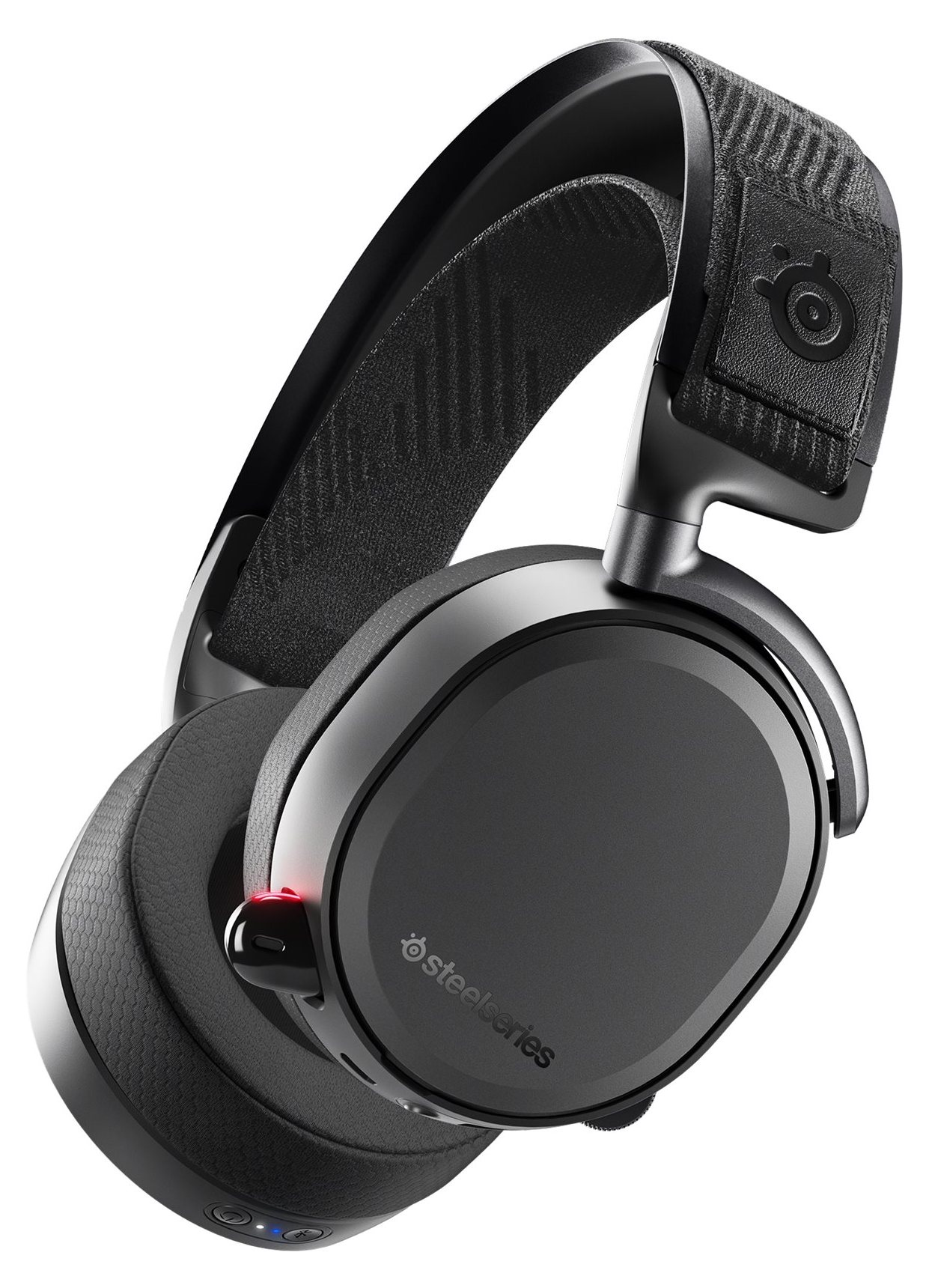 Beyaz bir arka plan üzerinde bir logo bulunan siyah ve gri SteelSeries oyun kulaklığı.