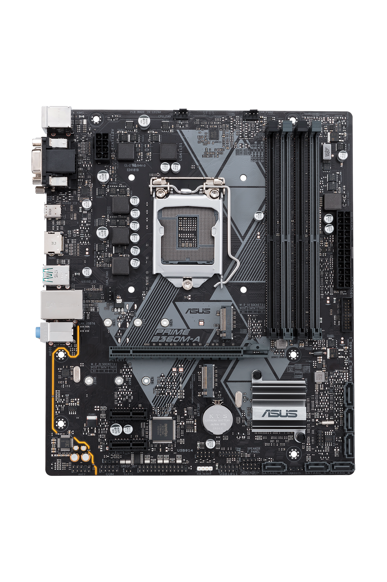 Schwarzes Computer-Motherboard mit verschiedenen Komponenten. Dunkler Hintergrund, Draufsicht.