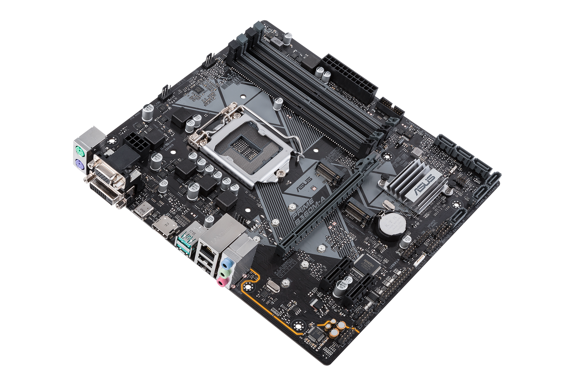 Computer-Motherboard auf schwarzem Hintergrund. Es ist grau und hat viele Komponenten und Steckplätze sichtbar.