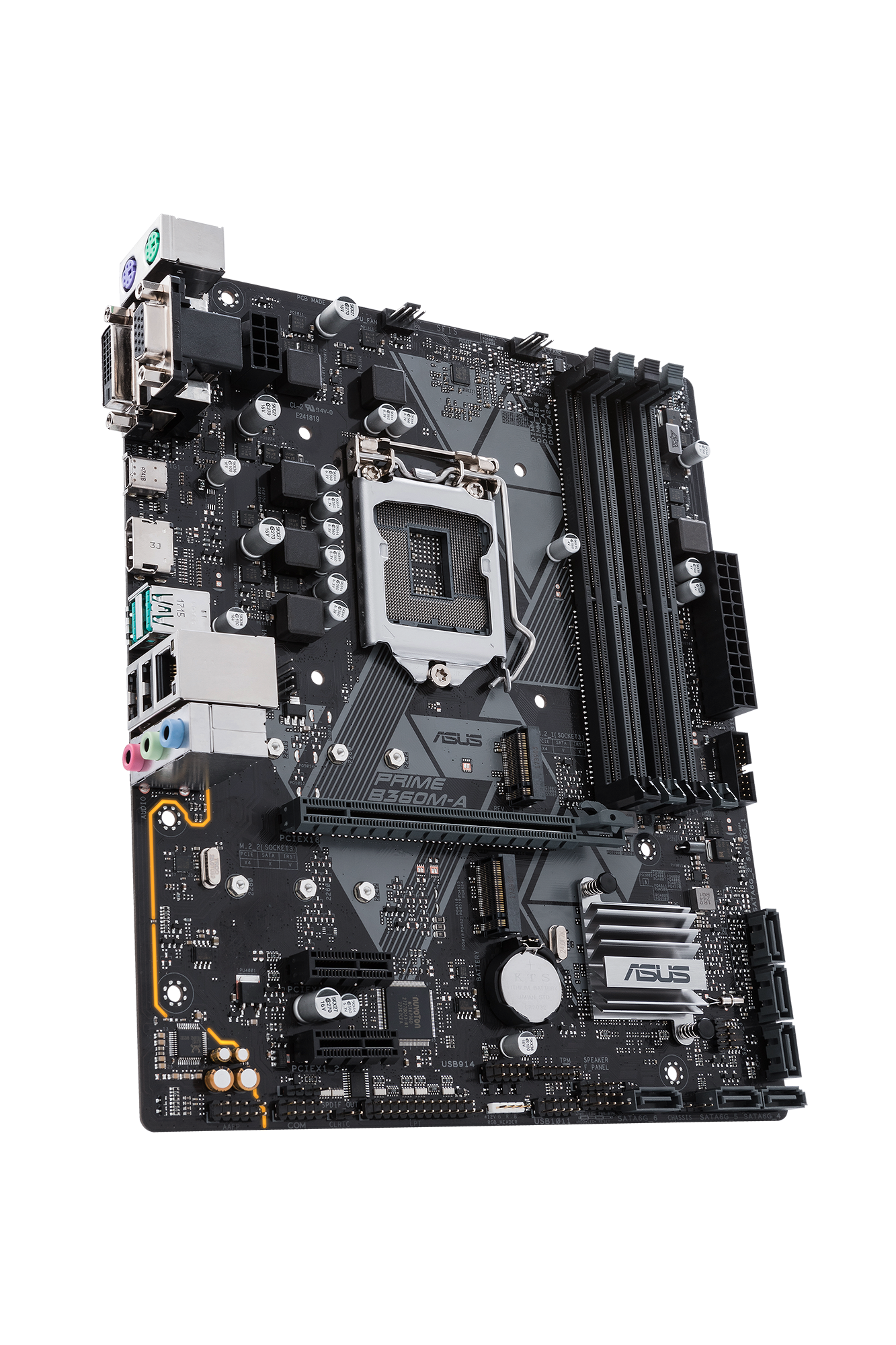 Ein schwarzes ASUS-Motherboard mit mehreren Komponenten. Schwarzer Hintergrund.