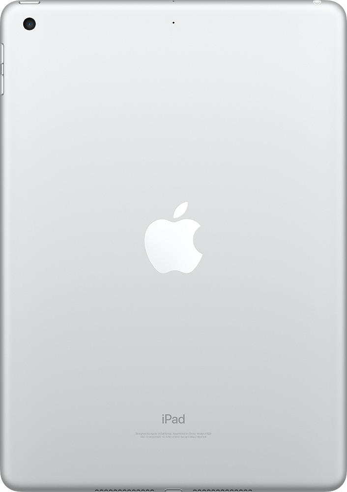 Dos d'iPad argenté avec logo Apple. Objectif de l'appareil photo en haut à gauche. Texte iPad en bas.