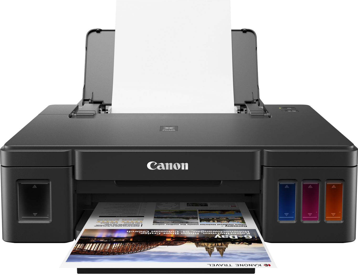 Fekete Canon nyomtató színes képet nyomtat. A tintatartályok láthatók.