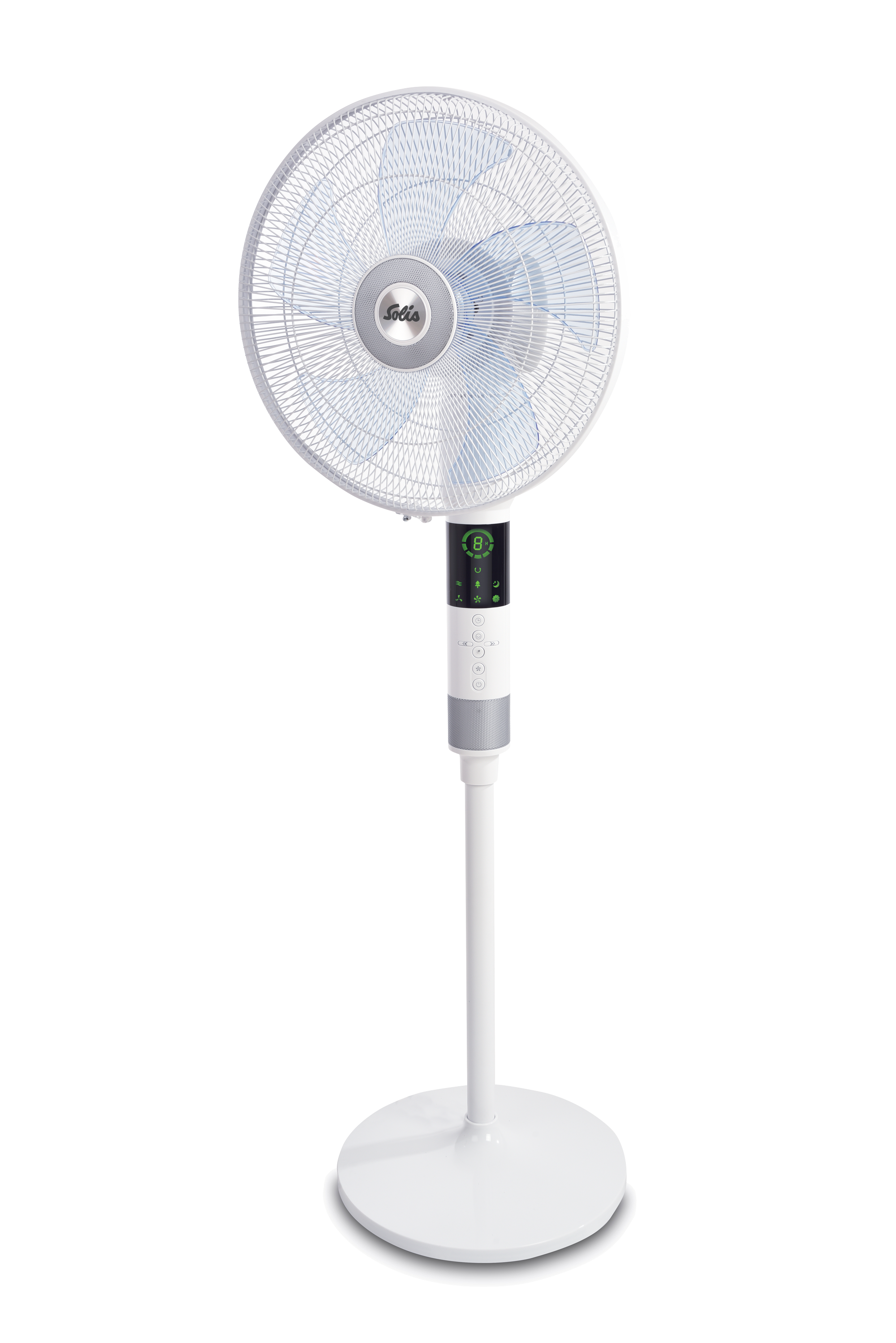 A white Solis fan stands on a black background. It has a digital display and a round base.