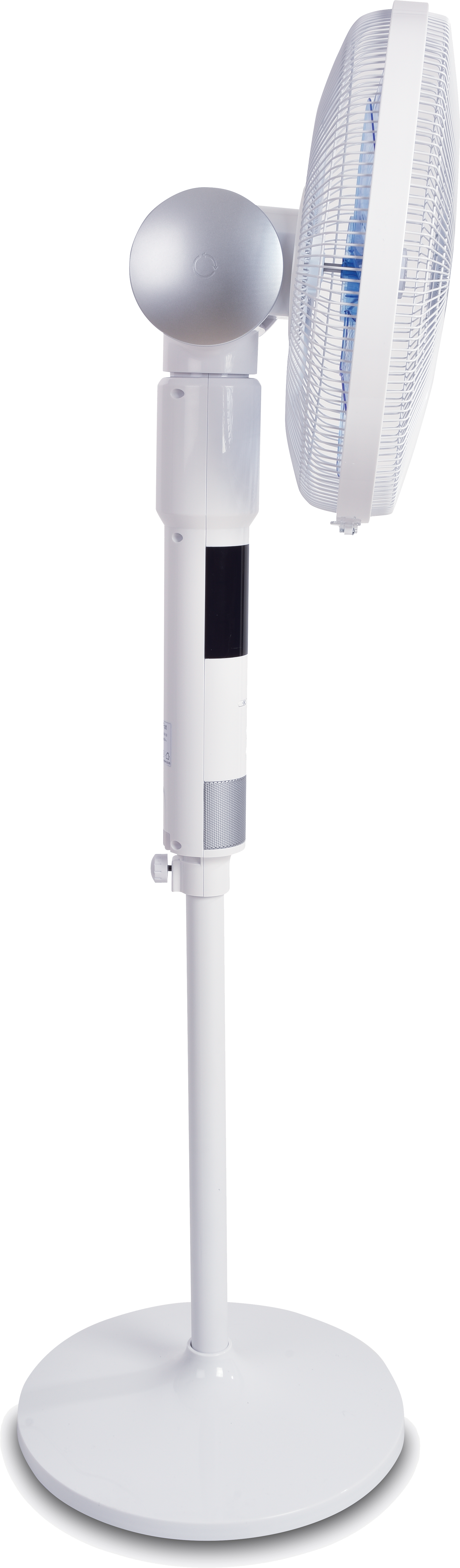 A white and silver oscillating fan stands against a black background. The fan has a round base and a cage.