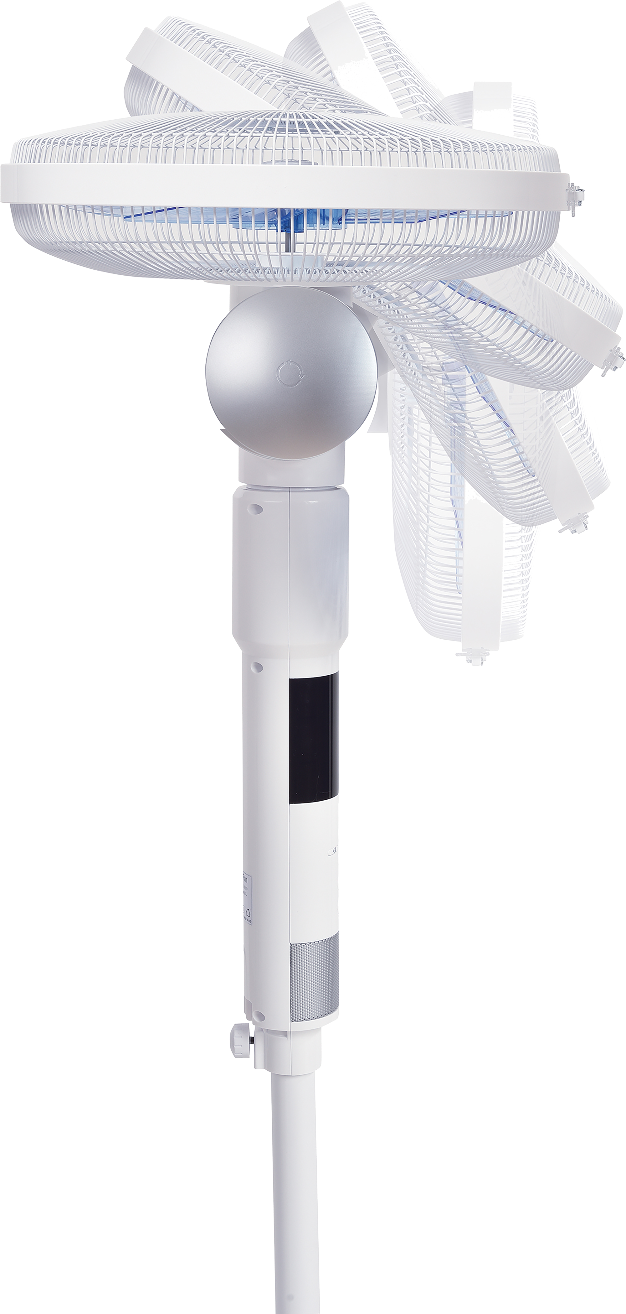 A white oscillating fan on a black background. The fan is turned off. The fan's blades and base are white.