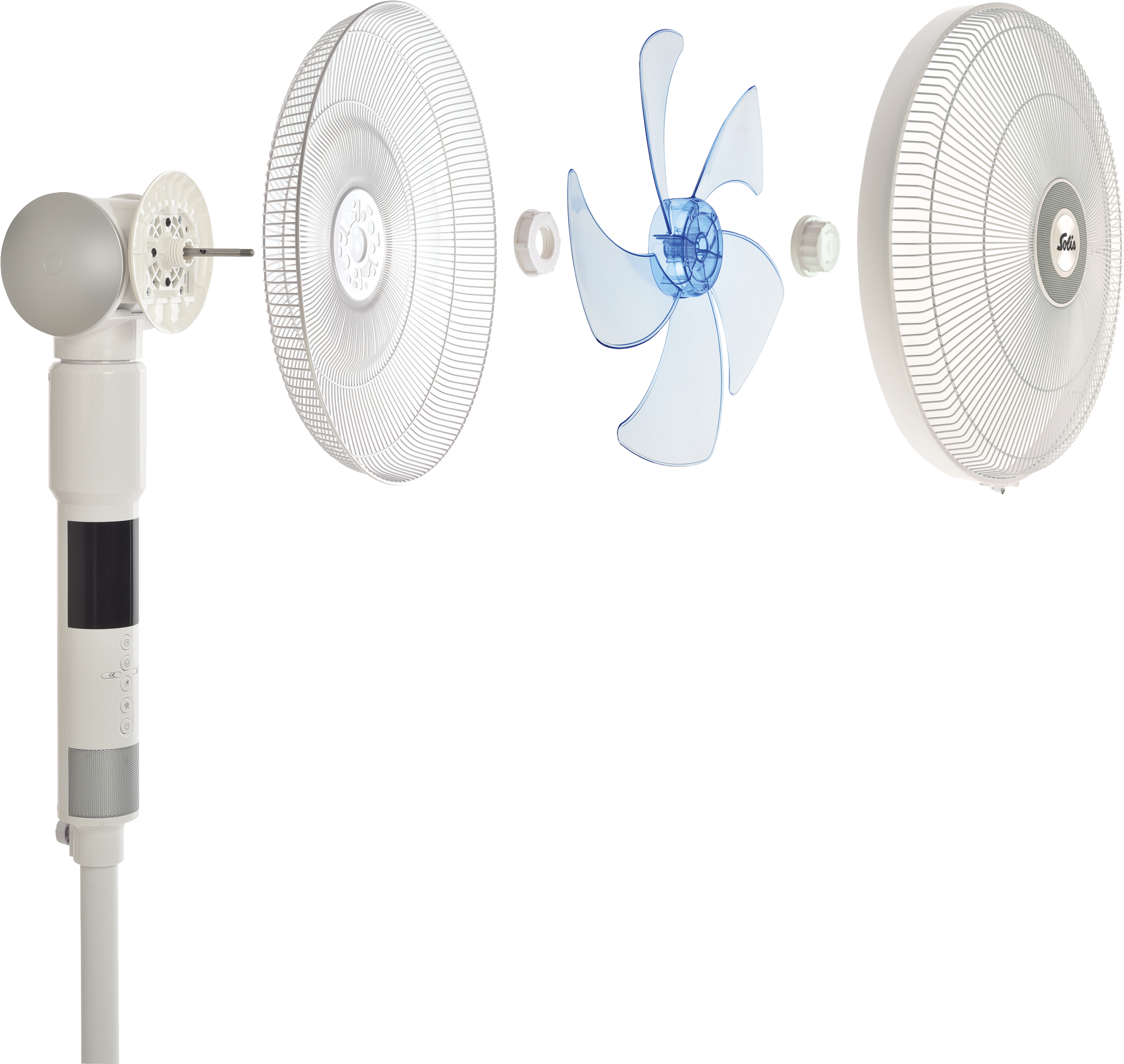 An exploded view of a white Solis fan. Parts include the base, motor, fan blades, and protective grilles, all isolated on white.