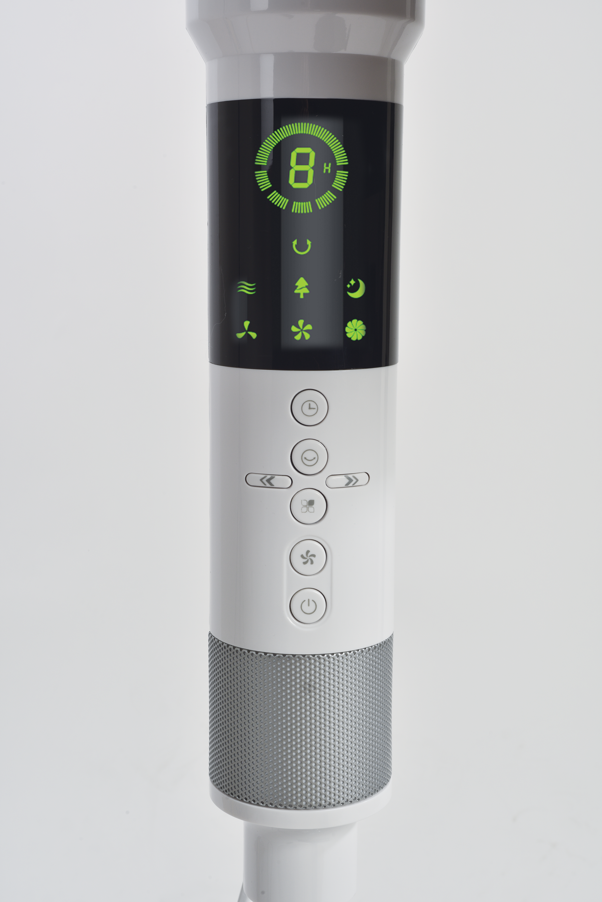 White and gray air purifier. It has a display showing '8H'. Various function icons and control buttons are visible.