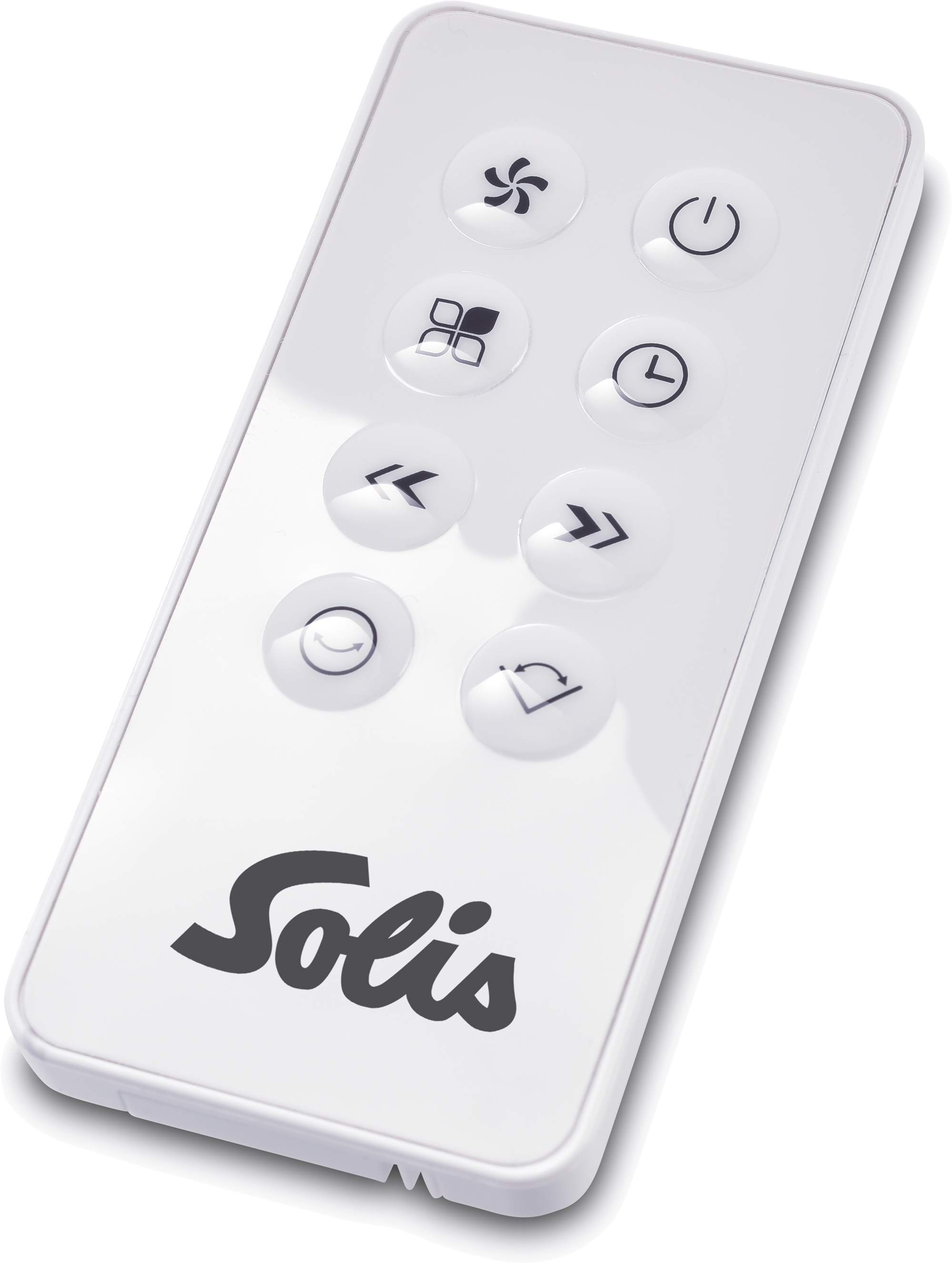 White Solis remote control with various black icons. Includes power, fan, timer, and directional buttons. The remote is on a black background.