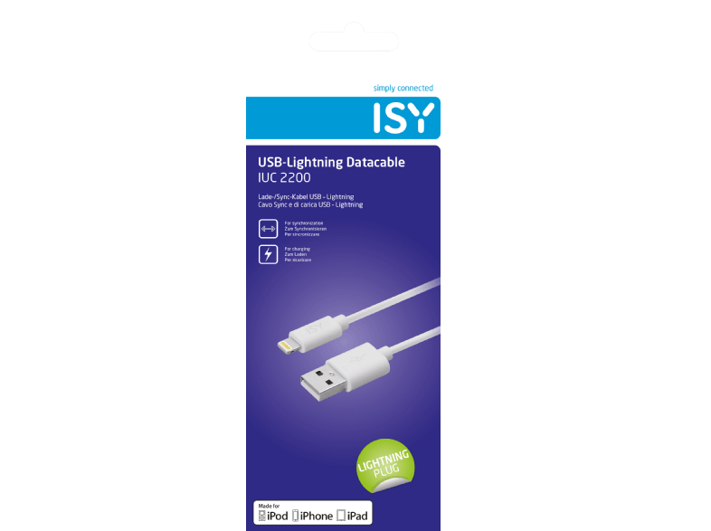 Fehér USB-Lightning kábel csomagolás. A kábelt, egy Lightning csatlakozót és a márkalogót mutatja.