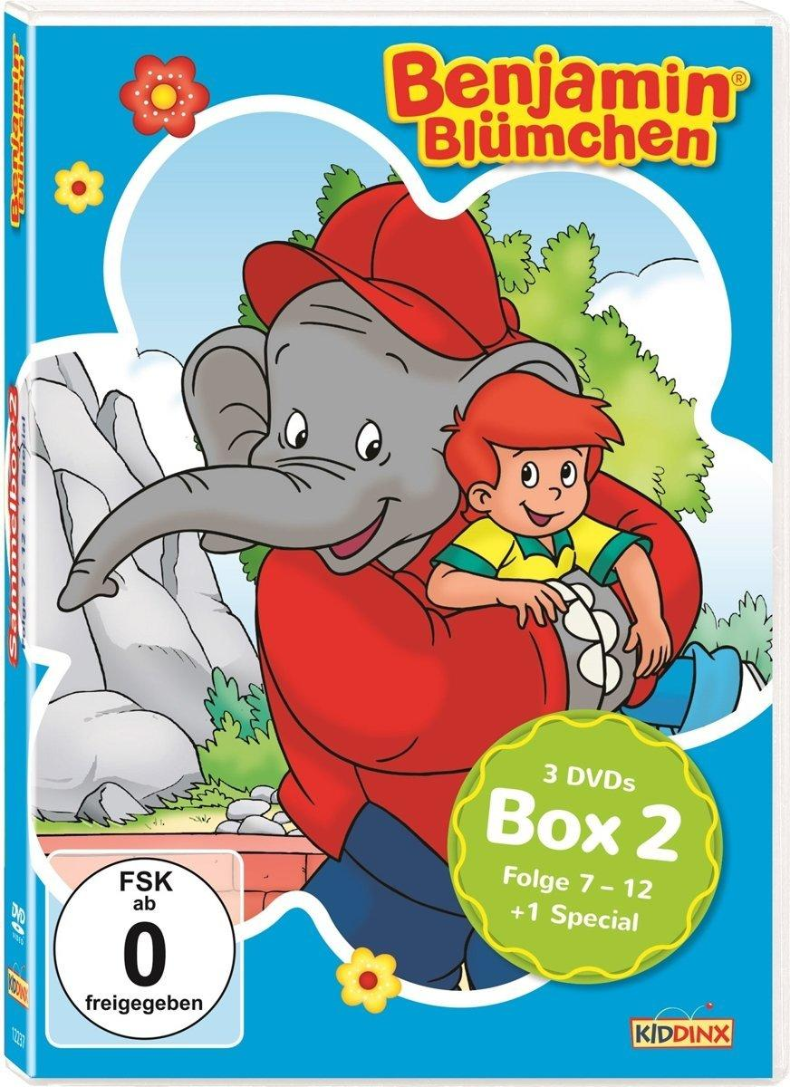DVD-Box-Set von Benjamin Blümchen, einer Elefanten-Cartoonfigur. Text auf Deutsch.