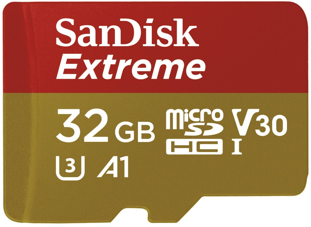 Carte microSD Sandisk Extreme 32 Go. Couleurs rouge et or. Fond blanc.