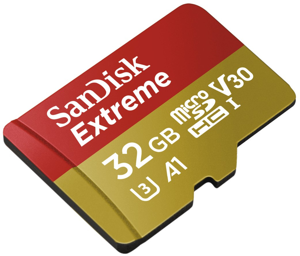 Carte microSD SanDisk Extreme rouge et or. Elle contient du texte et une marque.